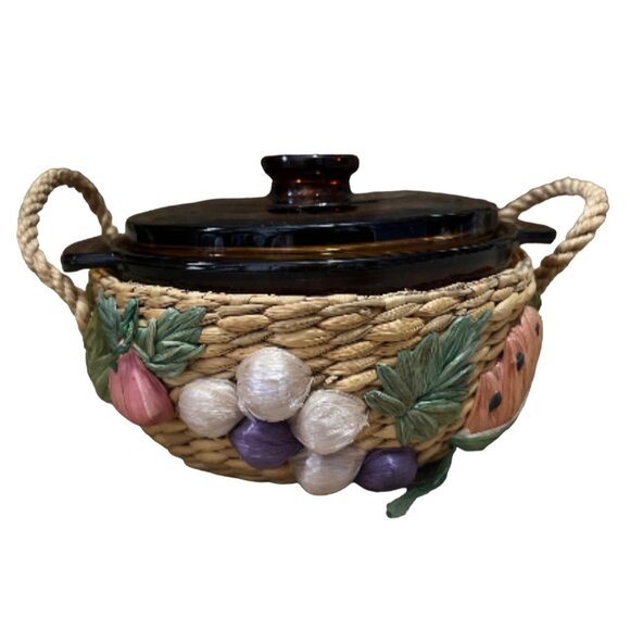 Vintage Anchor Hocking 1 Quart Casserole Baking Dish with Lid and Wicker Woven C - Picture 5 of 16